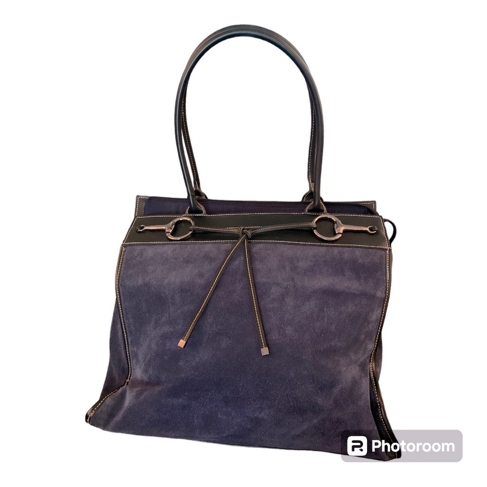 Franklin Covey Equestrian Inspired Blue Suede Black Leather Bag with Handles